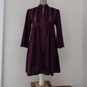 Esley Vintage Purple 100% Cotton Bell Sleeve Ruffle Tunic Top Size M